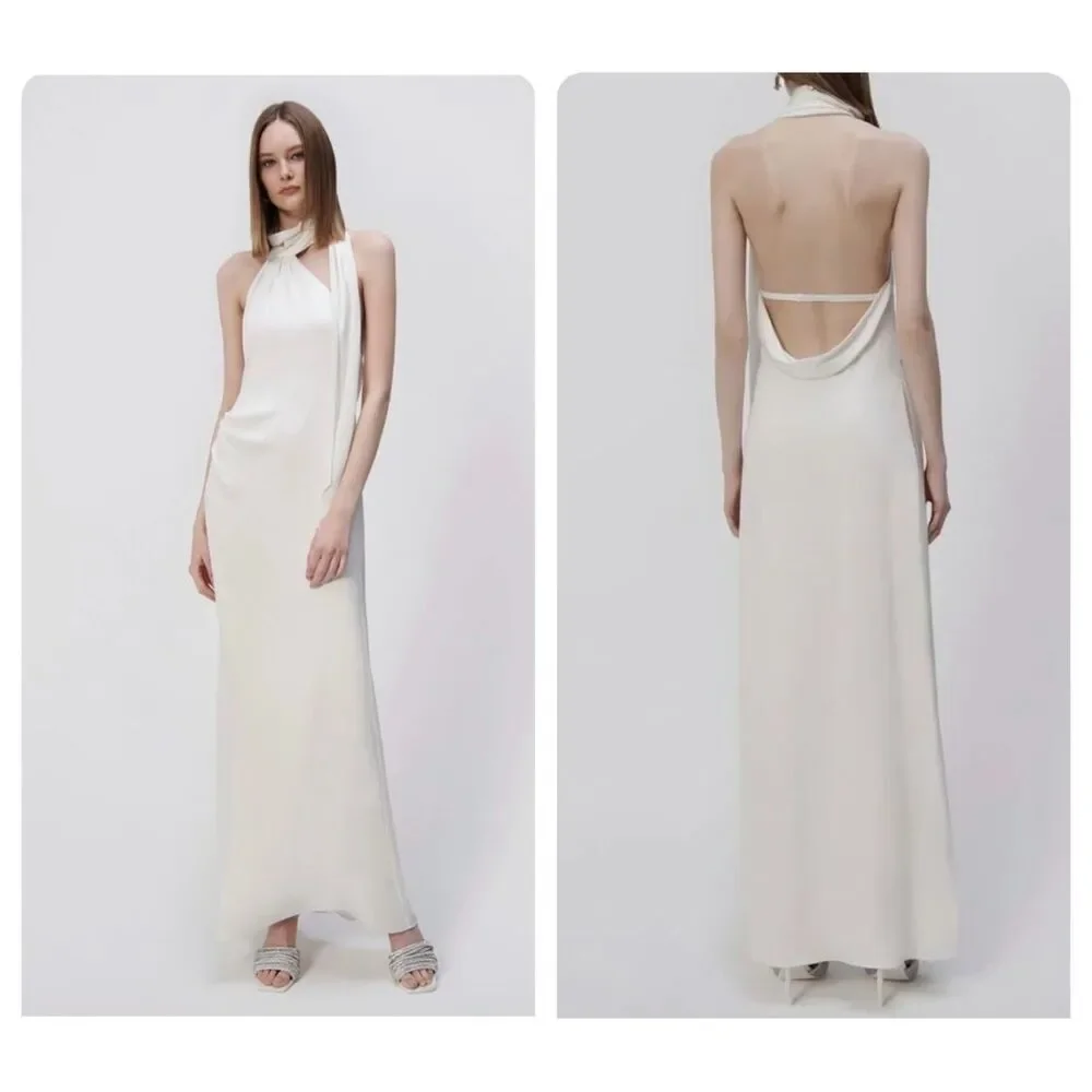 NWT Jonathan Simkhai Open Back Satin Vittoria Draped Scarf Maxi Gown Ivory Sz 0